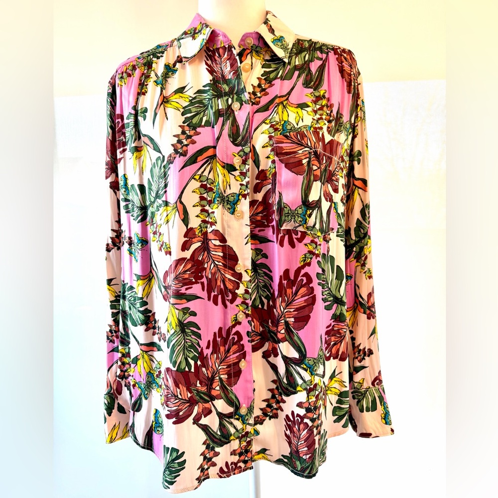 Free People Pink Tropical Floral Button Down Shirt